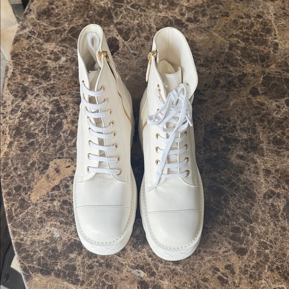 Chanel 24c white lambskin quilted wedge combat boot bootie sz 39